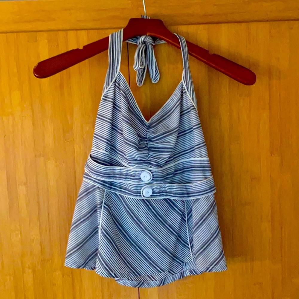 Blue and white Halter top with front buttons.